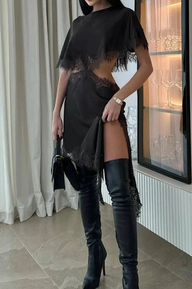 Glorol - Elegant Hollow Waist O-Neck Lace Loose Pleated Midi Dress
