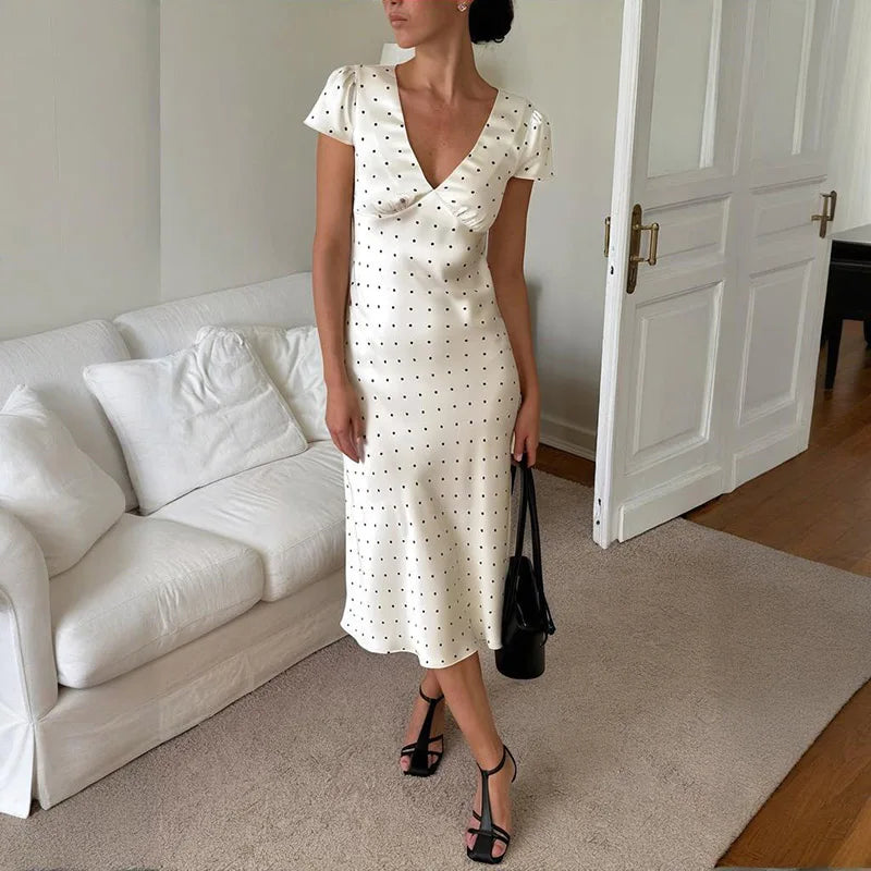 Glorol - Printed Short Sleeve V Neck High Waist Midi Dress