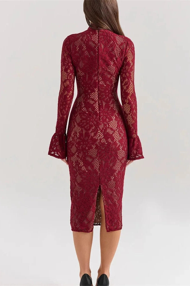 Glorol - Lace See-Through V-Neck Slim Printed Long Sleeve Midi Dress