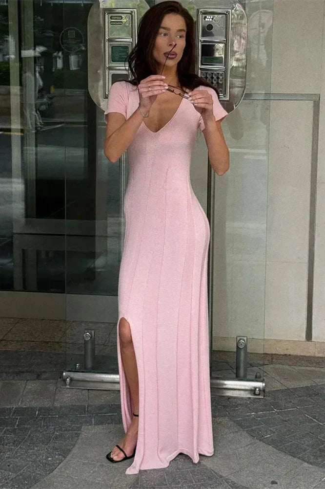 V-Neck Short Sleeve Loose Patchwork Maxi Dress