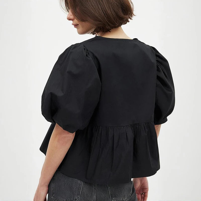 Glorol - Lace-Up Round Neck Loose Short-Sleeve Top