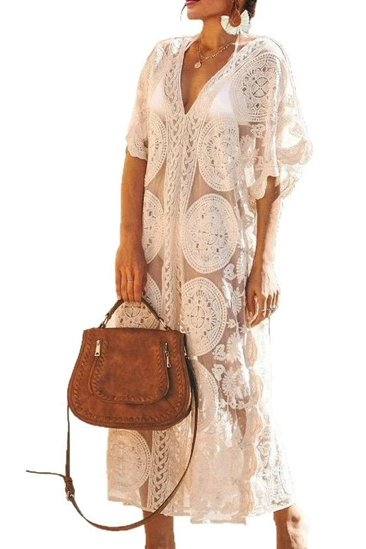 Glorol - Elegant Lace Hollow V Neck Sleeves Midi Dress