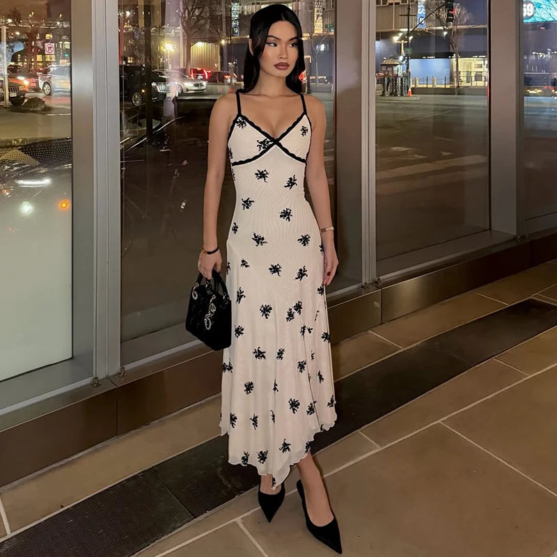 Glorol - Lace Print Spaghetti Strap Slim Midi Dress