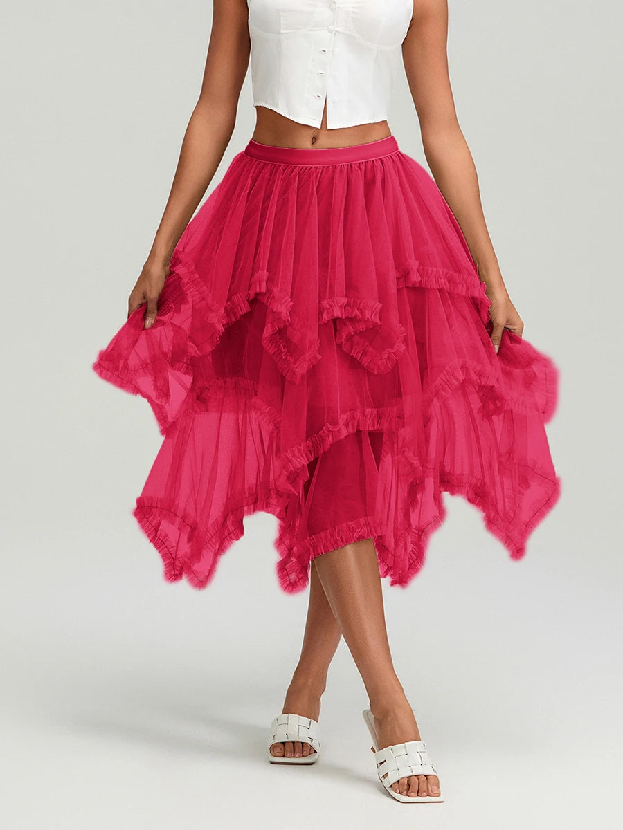 Glorol - High Waist Layered Tulle Frill Trim Skirt