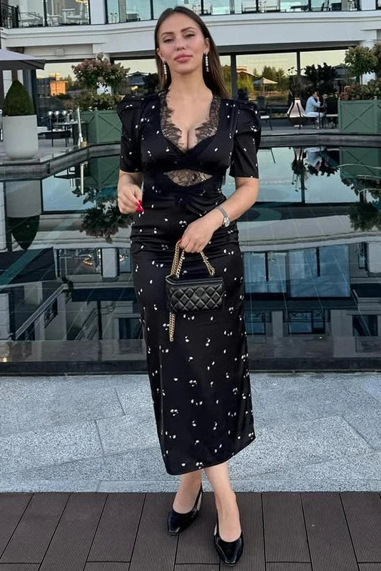 Glorol - Hollow Lace Short Sleeve High Waist Slim Printed Maxi Dress