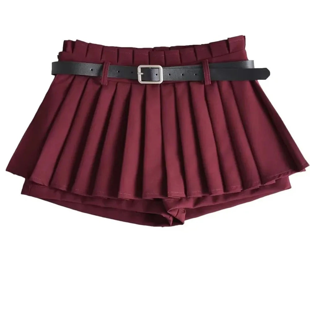 Glorol - Low Waist Pleated Belt Skirt