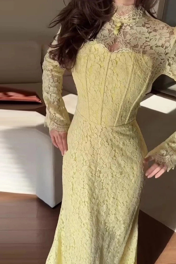 Glorol - Elegant Slim High Waist Lace Embroidery Maxi Dress