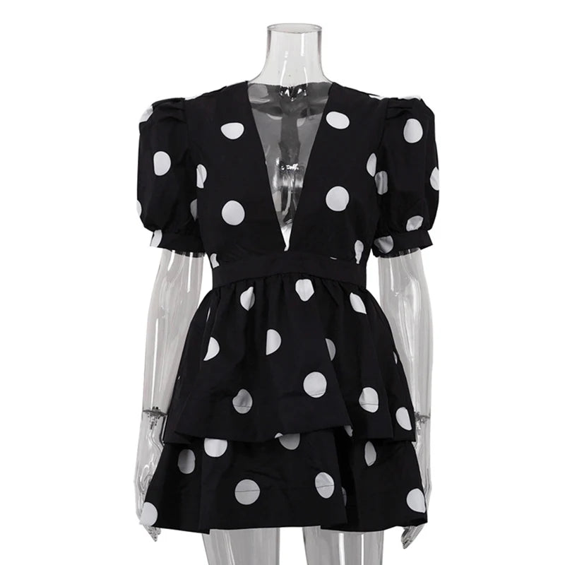 Glorol - Deep V Neck Printed Puff Sleeve  A-Line Mini Dress