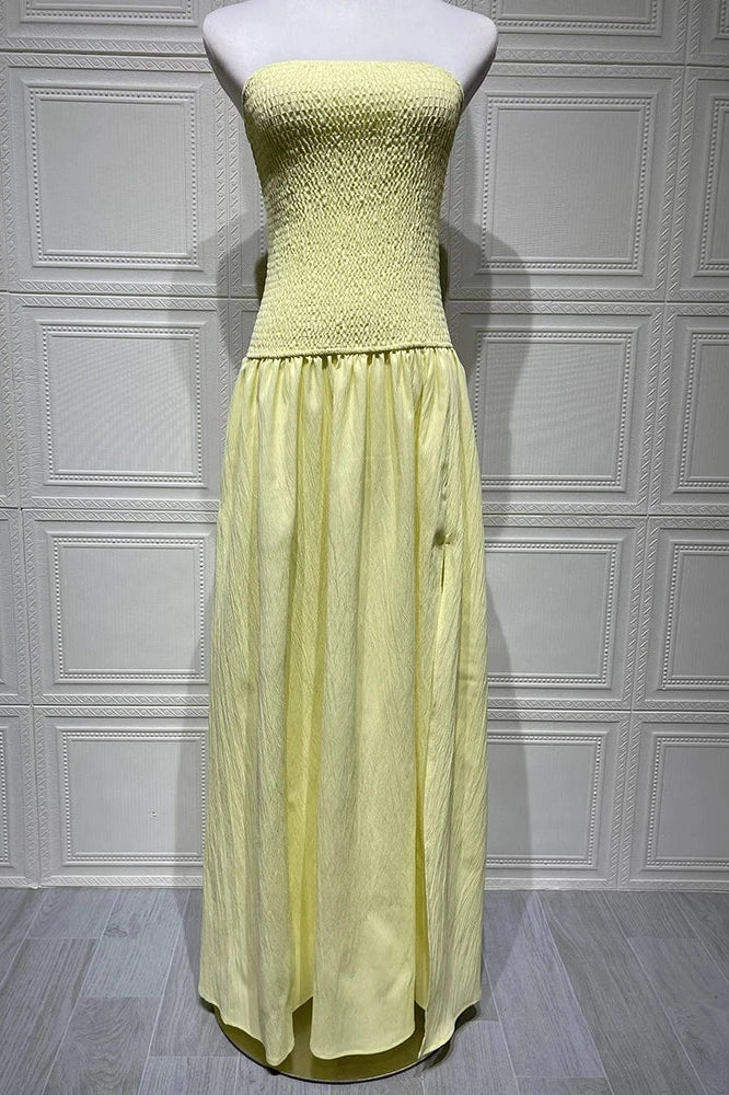Glorol - Off-Shoulder Strapless Sleeveless Backless High Split Pleated Maxi Dress