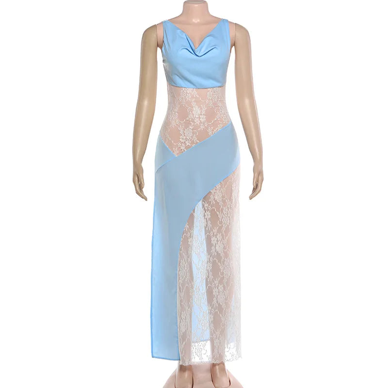 Glorol - Elegant Patchwork See Through Maxi Dress