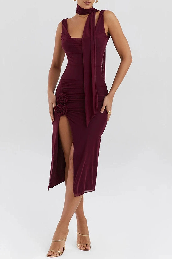 Glorol - Elegant Flower High Split Sleeveless Backless Midi Dress