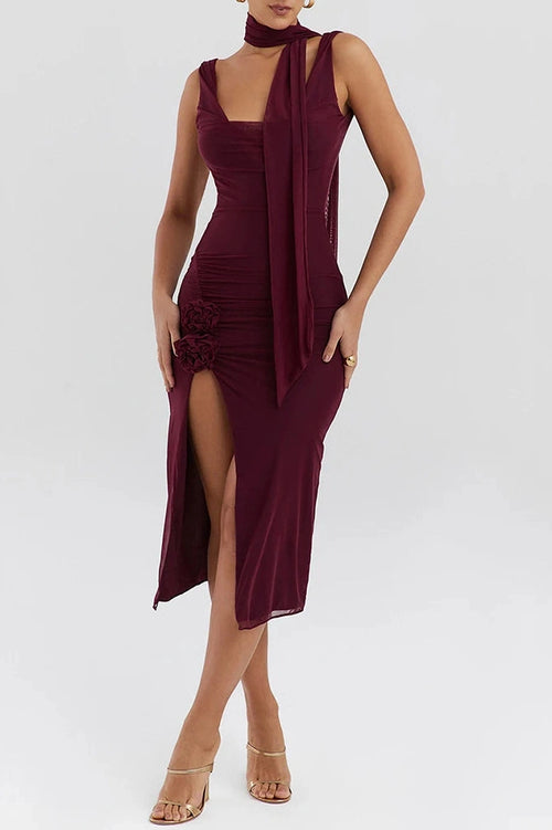 Glorol - Elegant Flower High Split Sleeveless Backless Midi Dress