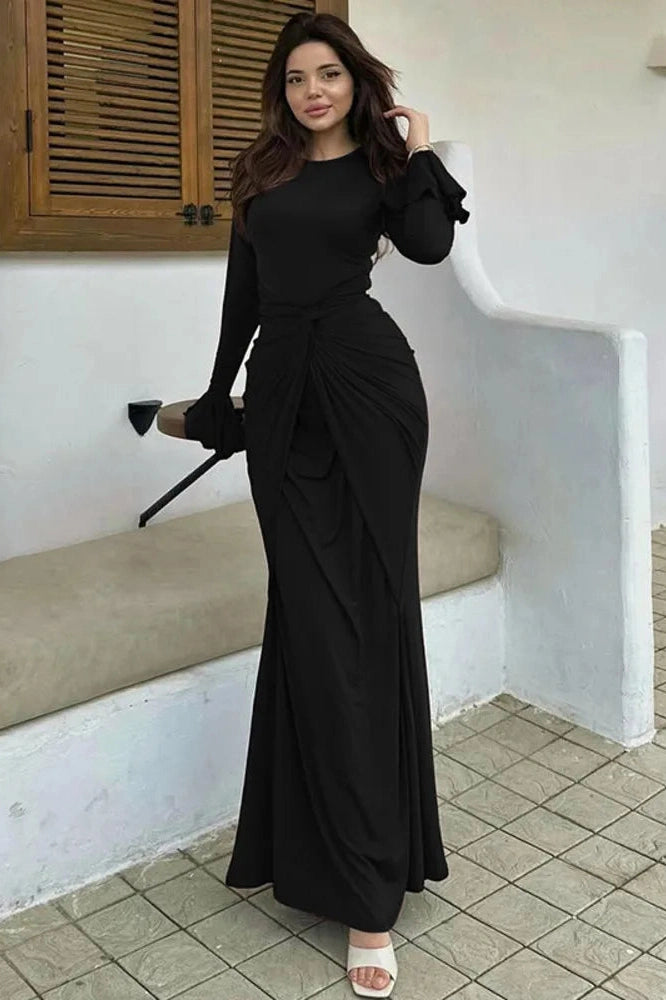 Glorol - Elegant Long Sleeve O Neck High Waist Maxi Dress