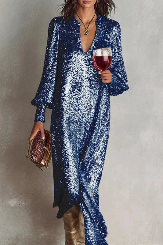 Glorol - Elegant Long Sleeve V Neck Maxi Dress