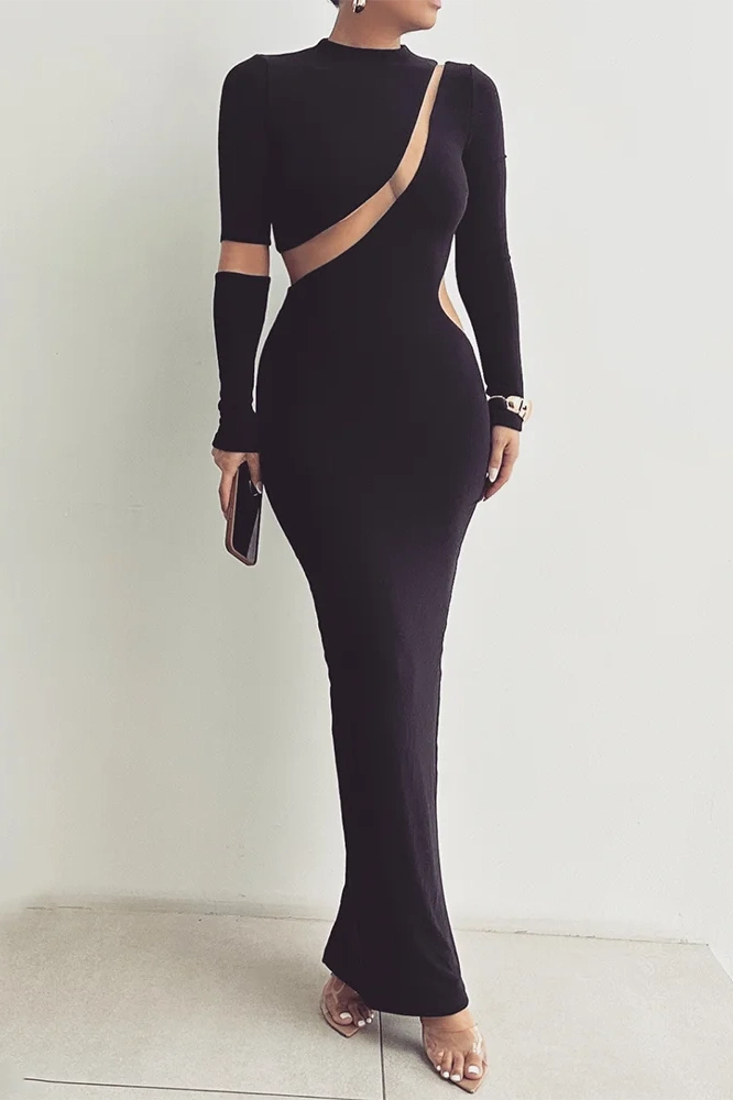 Glorol - Long Sleeve Bodycon Patchwork Hollow Out Maxi Dress