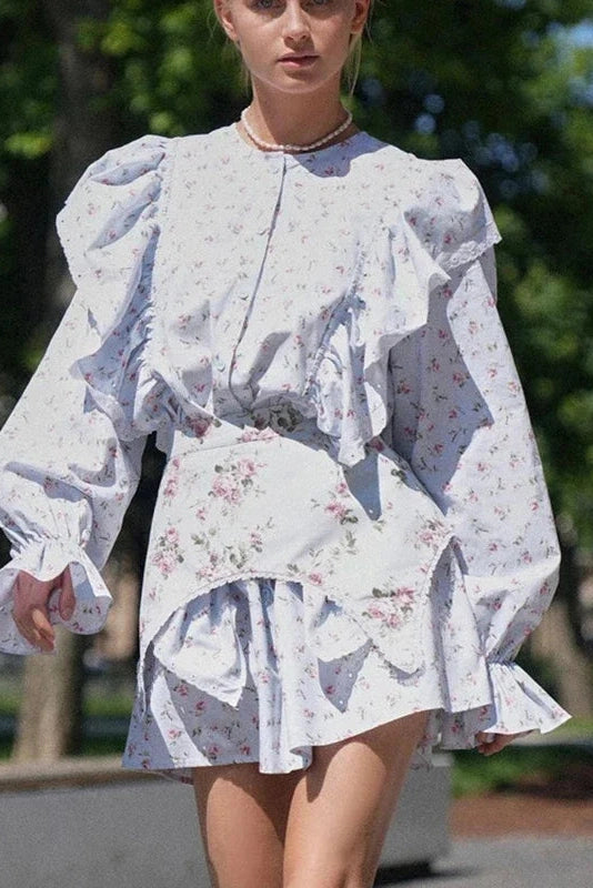 Glorol - Printed Lace Up Long Sleeve Slim Mini Dress