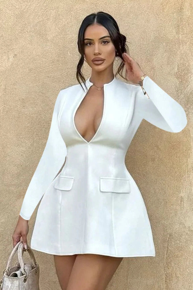 Glorol - Long Sleeve Deep V Neck A-line Mini Dress