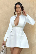 Glorol - Long Sleeve Deep V Neck A-line Mini Dress