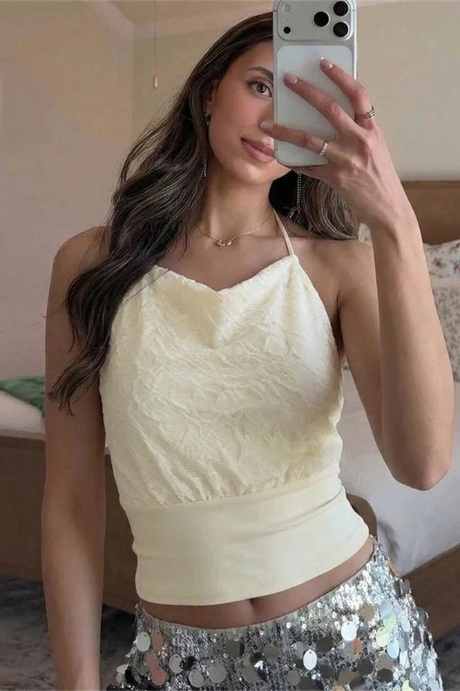 Glorol - Lace Backless Patchwork Sleeveless V-Neck Top