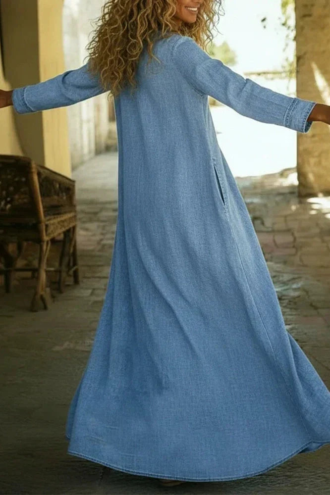 V-Neck Long Sleeve Loose Pleated Maxi Dress