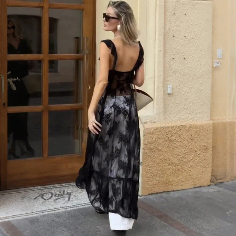 Glorol - Lace See Through Slit Slim Maxi Dress