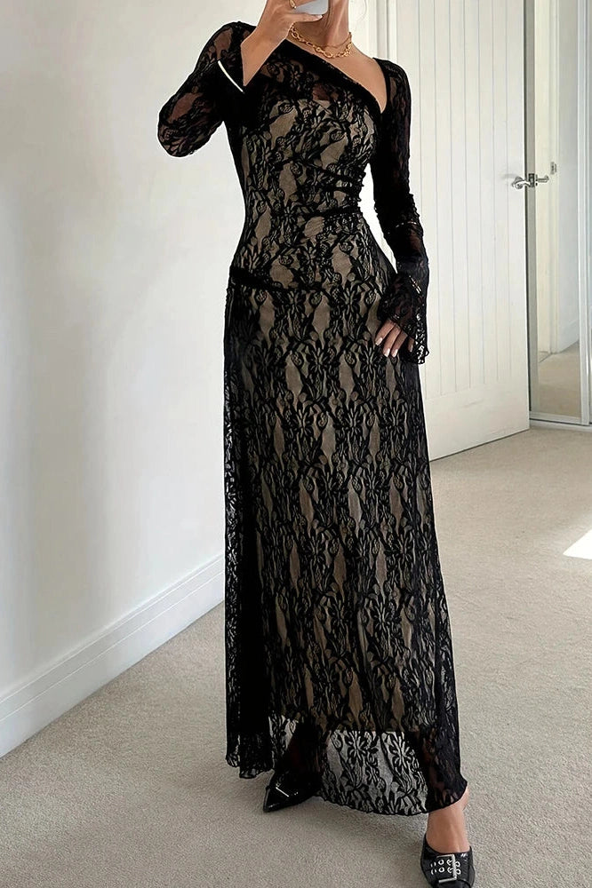 Glorol - Flare Sleeve Pleated Slim Slash Collar Lace Embroidery Maxi Dress