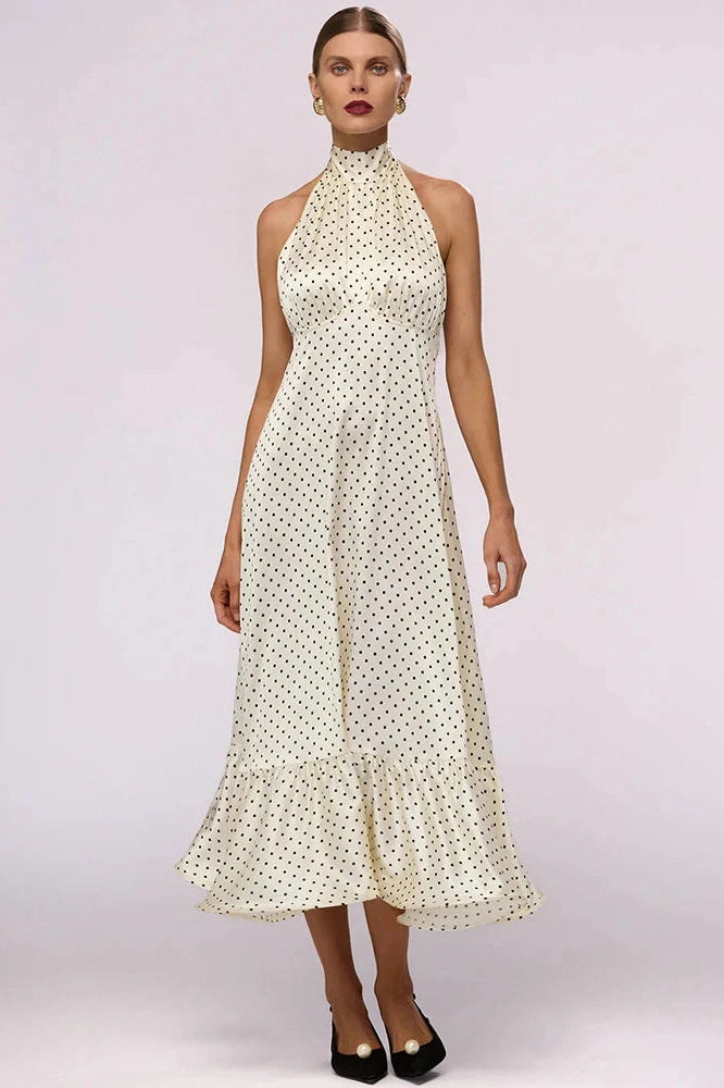 Glorol - Polka Dot Sleeveless Backless High Waist Maxi Dress