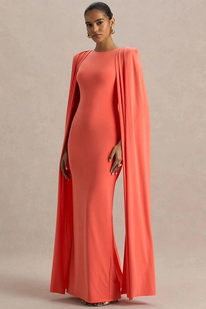 Glorol - Cape Sleeve Zipper O Neck High Waist Split Maxi Dress
