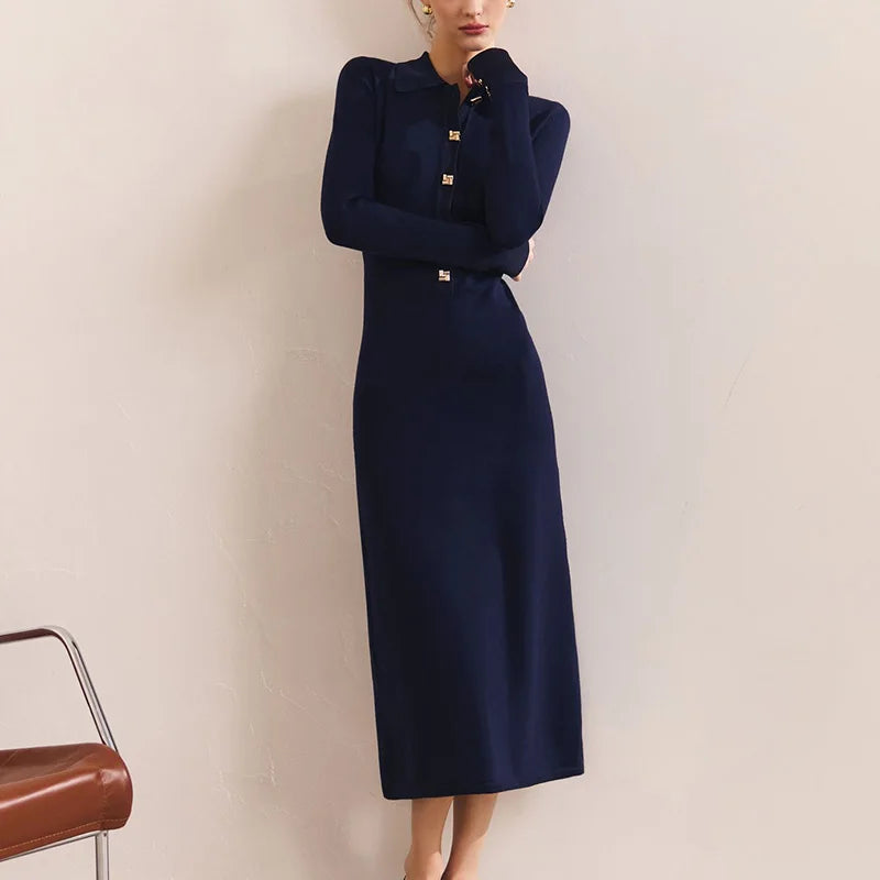 Glorol - Button Lapel Collar High Waisted Long Sleeve Midi Dress