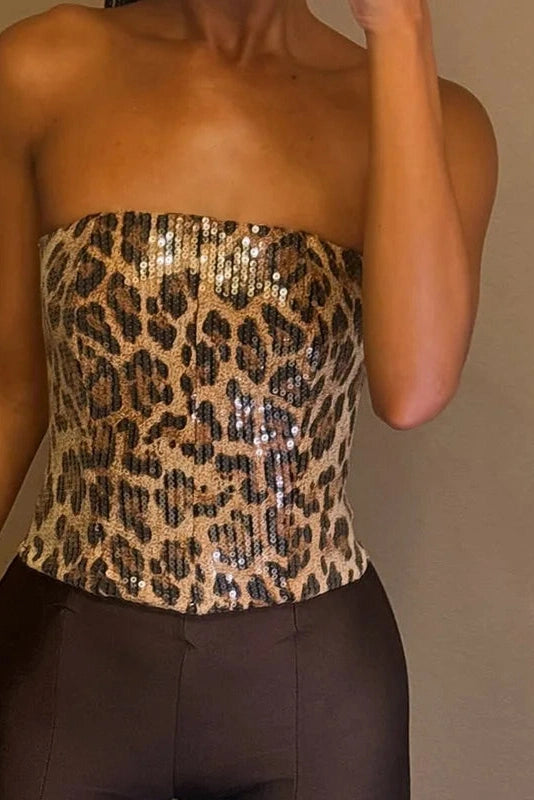 Glorol - Printed Strapless Zipper High Waist Sleeveless Top