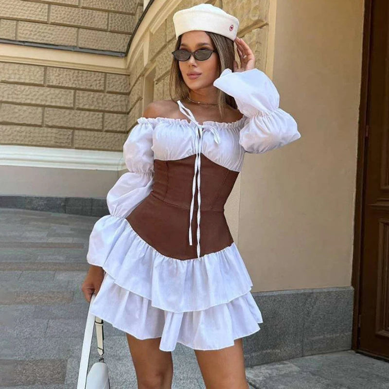 Glorol - Off Shoulder Pleated Patchwork Puff Sleeve Mini Dress