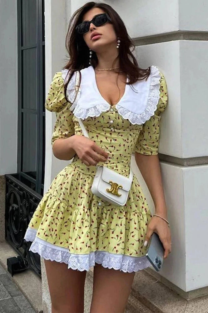 Glorol - Elegant Lace-Up Slim Lace Short Sleeve Mini Dress
