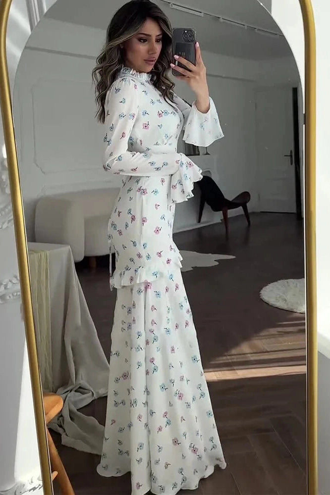 Glorol - Printed Long Sleeve Slim Fit Lace Maxi Dress