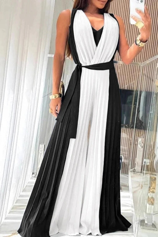 Glorol - Elegant V-Neck Pleated High Waist Hollow Out Jumpsuit