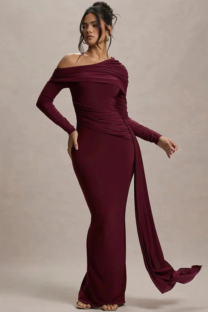 Glorol - Skew Collar Long Sleeve Backless Bodycon Maxi Dress