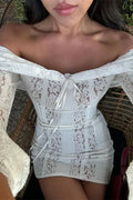 Glorol - Off-Shoulder See-Through Printed Lace-Up High Waist Maxi Dress