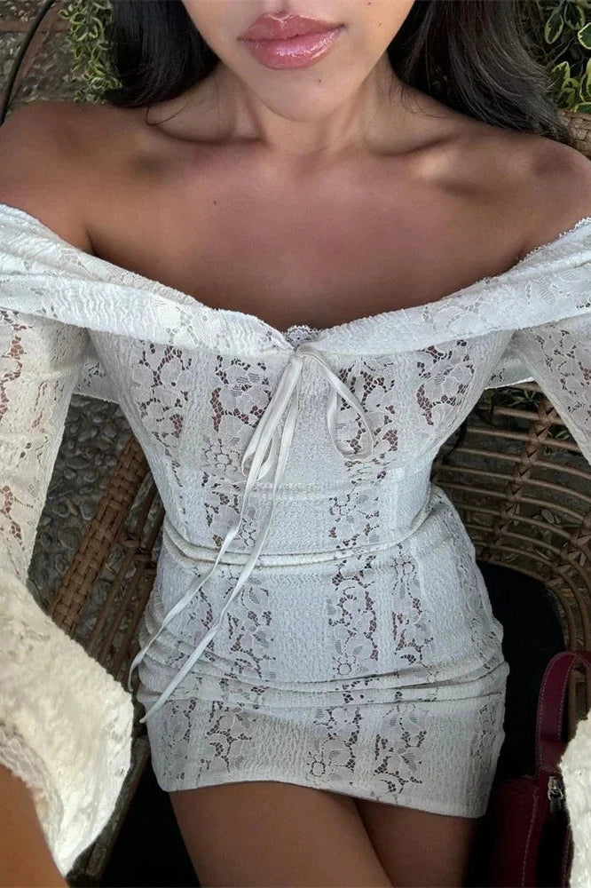 Glorol - Off-Shoulder See-Through Printed Lace-Up High Waist Maxi Dress