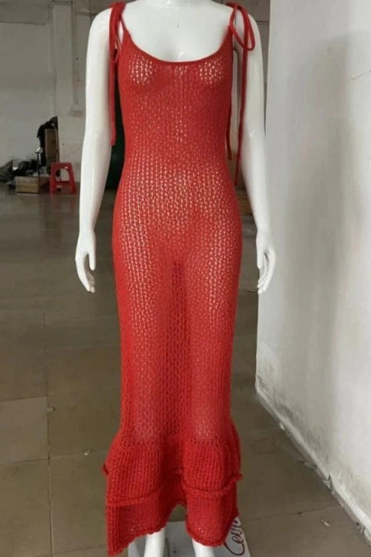 Glorol - Hollow-Out Knitted Sleeveless Slim Maxi Dress