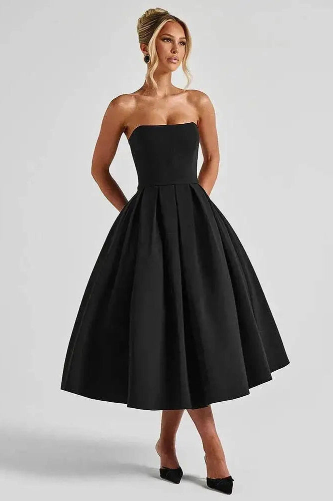 Glorol - Off-Shoulder Strapless Sleeveless Backless High Waist A-Line Midi Dress