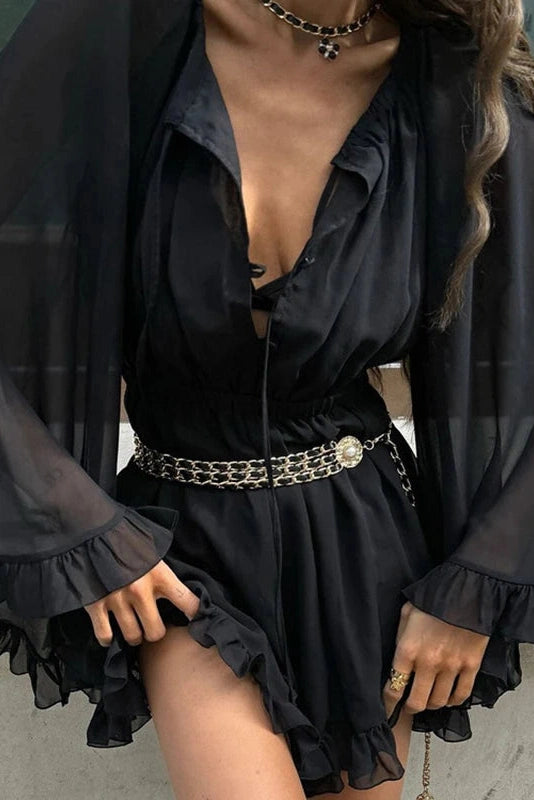 Glorol - See-Through Long Sleeve Square Collar High Waist Pleated A-Line Mini Dress