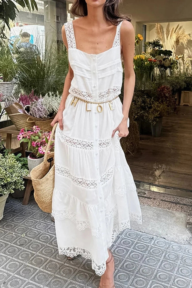 Glorol - Hollow Out High Waist Lace Sleeveless Pleated Maxi Dress