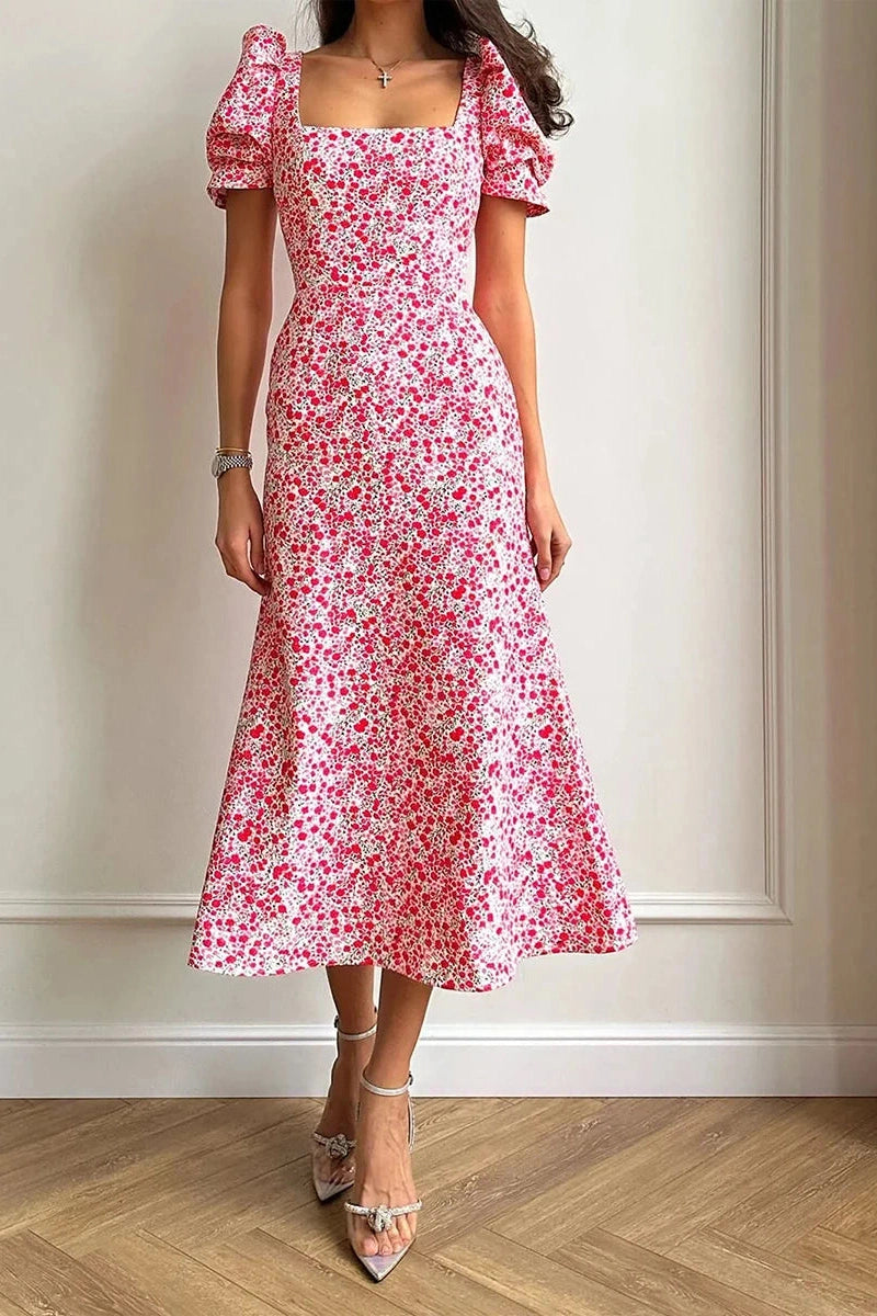 Glorol - Short Sleeve Floral Print A-Line Midi Dress