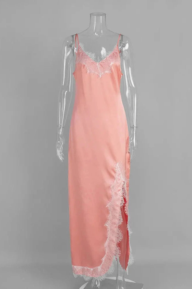 Glorol - Lace Printed V-Neck High Waist Slim Backless Maxi Dress