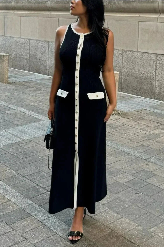 Glorol - Sleeveless Patchwork High Waist Pocket Maxi Dress