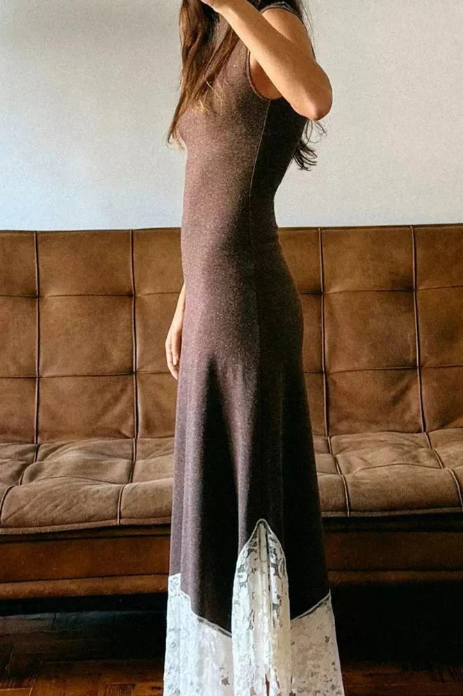 Glorol - Hollow Out O-Neck Sleeveless Slim Lace Knit Maxi Dress