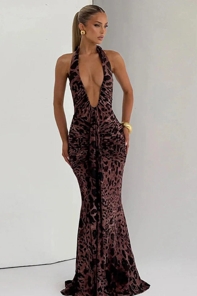 Glorol - Printed Backless Deep V Neck Sleeveless Bodycon Maxi Dress