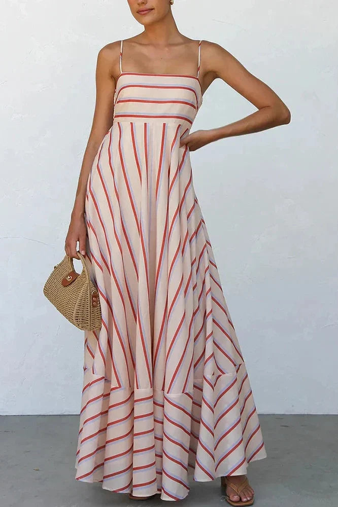 Stripe Printed Sleeveless Pleated High Waist Maxi Dress