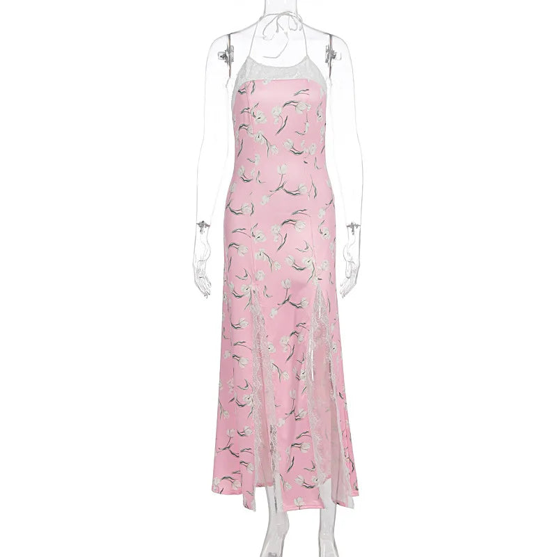Glorol - Sleeveless Printed Lace Slit Maxi Dress