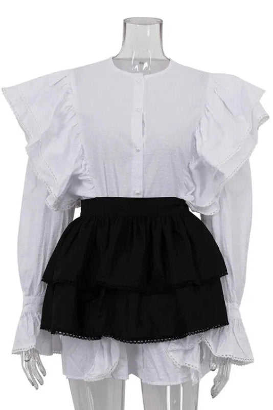 Glorol - Flare Sleeve High Waisted Patchwork Mini Dress