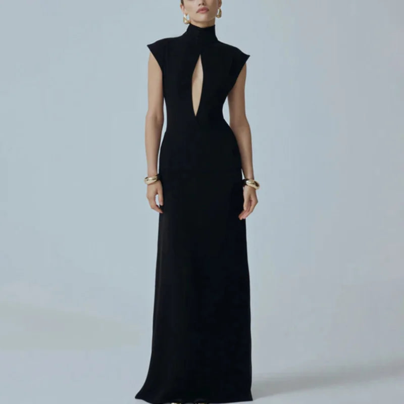 Glorol - Hollow Out High Neck Patchwork Backless Maxi Dress